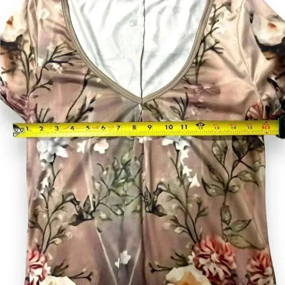 Women's V Neck Loose Dress Summer Khaki Floral Print Size Small T-shirt Dress - Picture 6 of 14